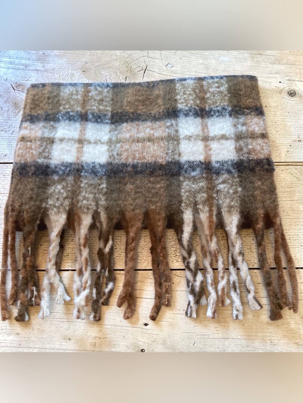 Plaid Scarf Brown Cream Black Fringe Heavy Soft New Without Tags